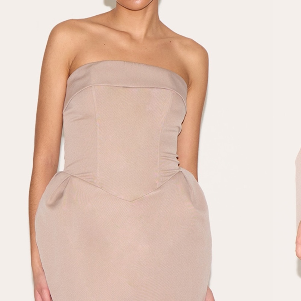 PrettyLittleThing Tan Strapless Sheath Dress